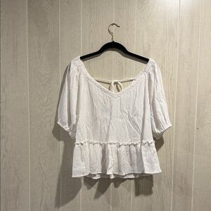 Lush White Crape Peplum Blouse, Tie Back Detail- M